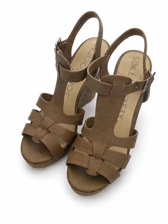 Sole Society Shoes - Sole Society Tan Strappy Slingback Heels Wedge